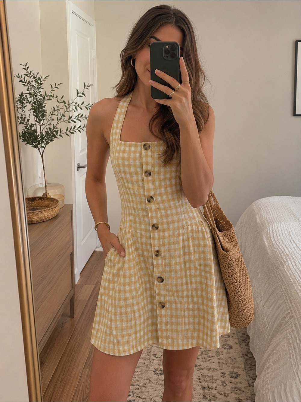 Camila Coelho Coastal Gingham Linen Blend Halter Mini Dress Yellow White M